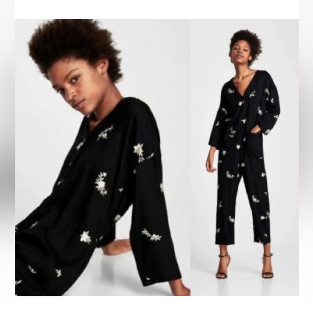 Zara Black The Jasmine Floral Embroidered Jumpsuit Size Small